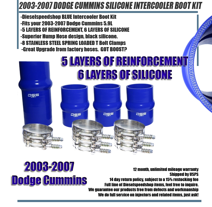 thumbnail image 2 of 2003-2007 Dodge Cummins Intercooler Boot Kit – Blue Silicone With Clamps – By DIESELSPEEDSHOP.COM (DSSICB3BLUE) 2 of 3